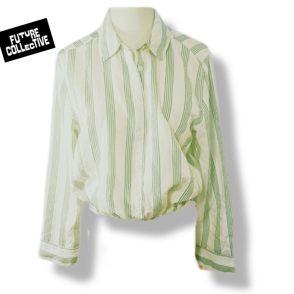 NWT Future Collective Green White Striped Cropped Blouse Small